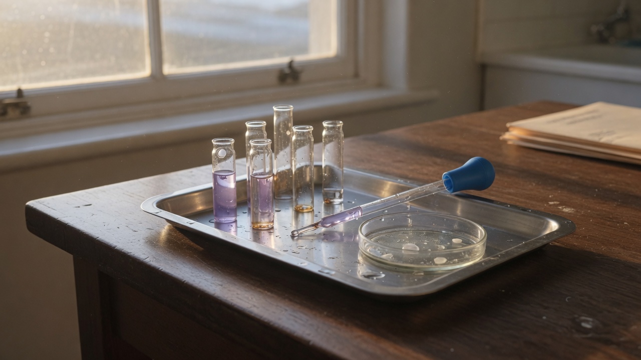 Laboratory vials on a metal tray in window light.